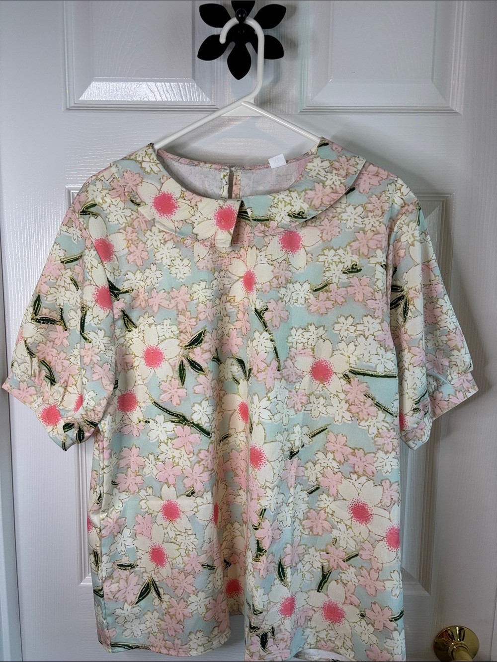 SHEIN Floral Pastel Pink & Mint Blouse with Peter Pan Collar Size XL